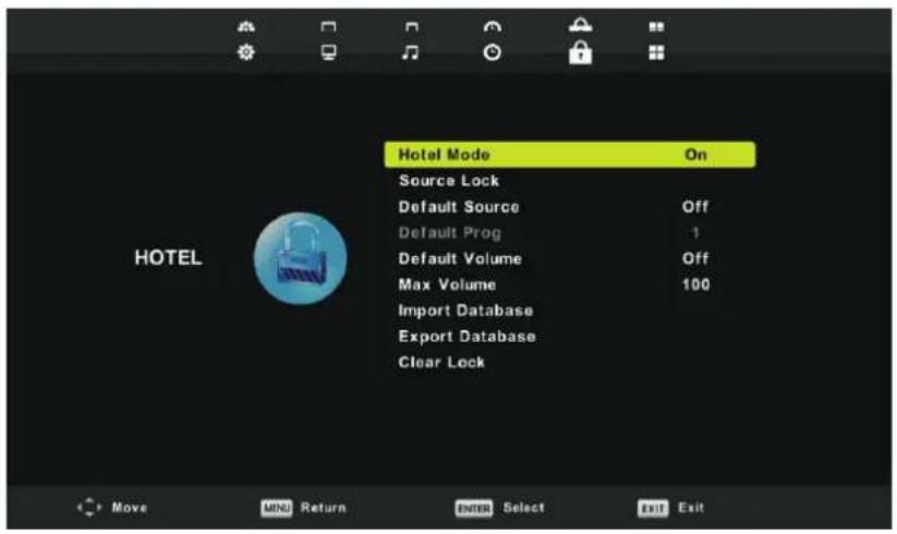 Hotel Mode On Source Lock Default Source Off Default Prog 1 Default Volume Off Max Volume 100 Import Database Export Database Clear Lock