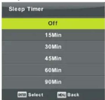 Sleep Timer Off 15Min 30Min 45Min 60Min 90Min ENTER Select MDN Back