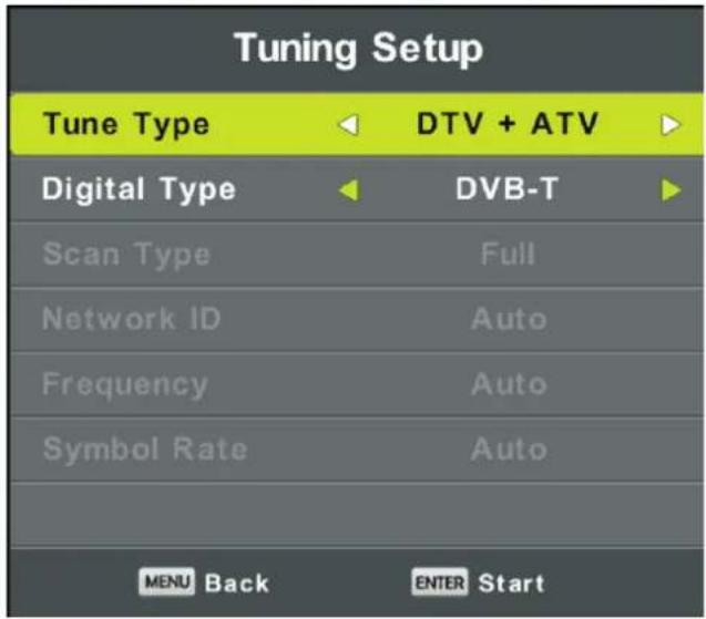 Tuning Setup Tune Type DTV + ATV Digital Type DVB-T Scan Type Full Network ID Auto Frequency Auto Symbol Rate Auto MENU Back ENTER Start