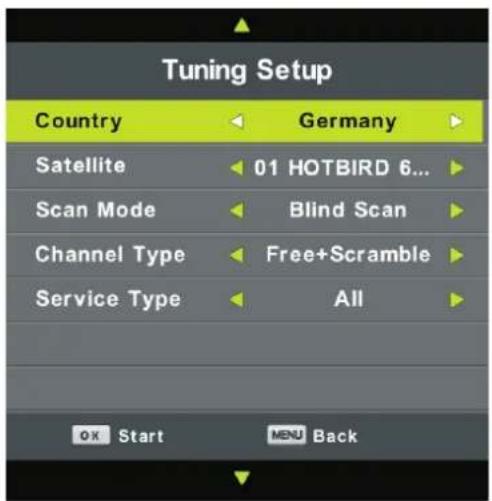 Tuning Setup Country Germany Satellite 01 HOTBIRD 6... Scan Mode Blind Scan Channel Type Free+Scramble Service Type All OK Start MENU Back