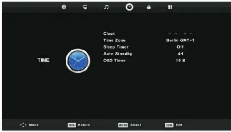 Clock Time Zone Sleep Timer Auto Standby OSD Timer Berlin GMT+1 Off 4H 15 S TIME Move MENU Return ENTER Select EXIT Exit
