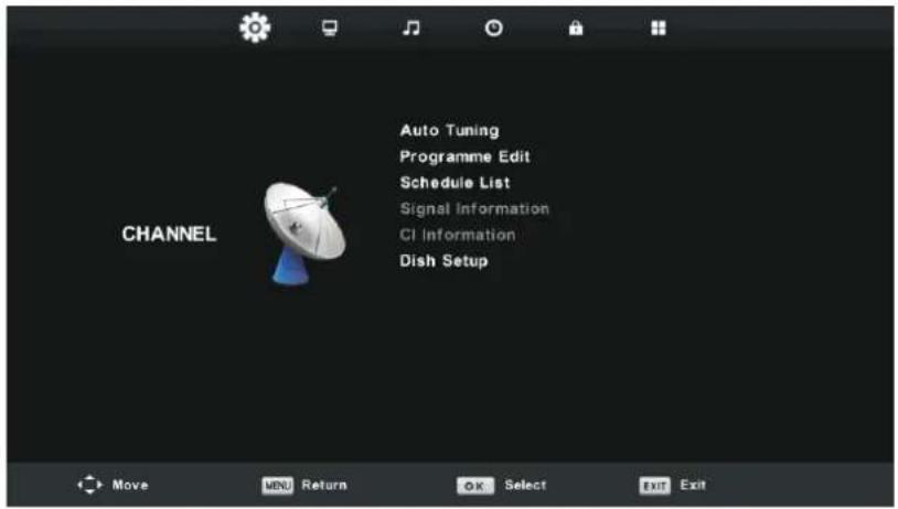 Auto Tuning Programme Edit Schedule List Signal Information CI Information Dish Setup CHANNEL Move MENU Return OK Select EXIT Exit