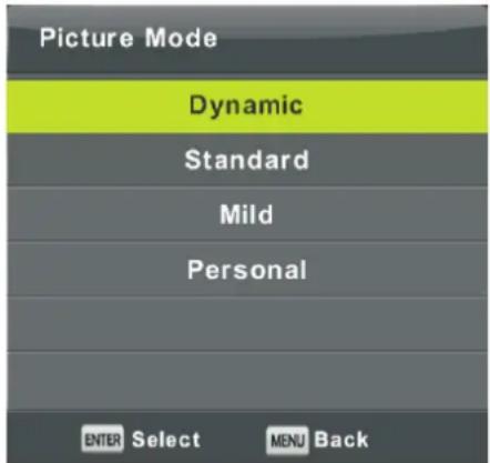 Picture Mode Dynamic Standard Mild Personal ENTER Select MENU Back
