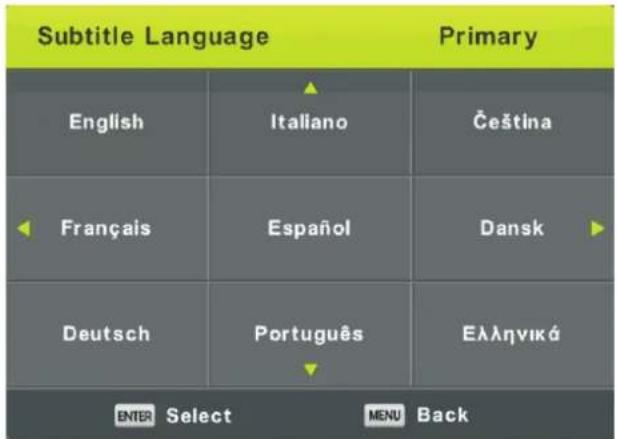 Subtitle Language Primary English Italiano Čeština Français Español Dansk Deutsch Português Ελληνικά ENTER Select MENU Back