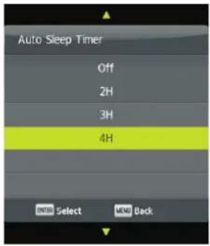 Auto Sleep Timer Off 2H 3H 4H ENTER Select MENU Back
