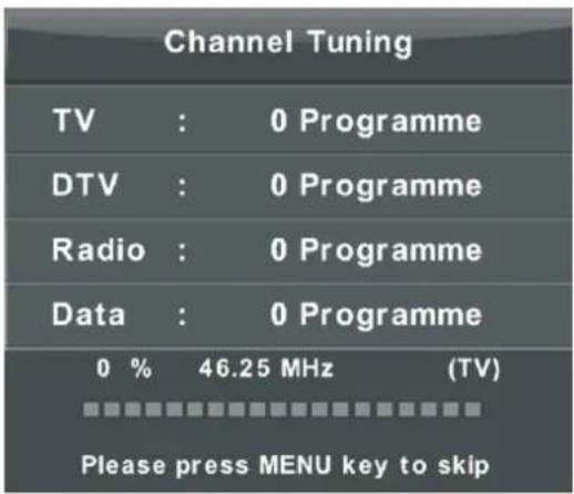 Channel Tuning TV : 0 Programme DTV : 0 Programme Radio : 0 Programme Data : 0 Programme 0 % 46.25 MHz (TV) Please press MENU key to skip