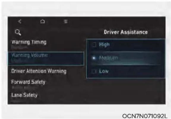 Warning Timing Warning Volume Driver Attention Warning Forward Safety Lane Safety Driver Assistance High Medium Low OCN7N071092L