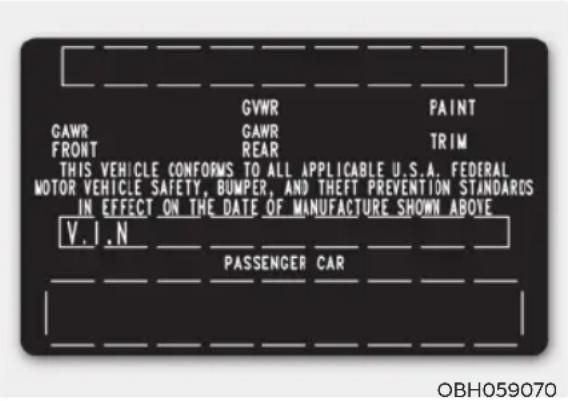 GVWR PAINT CAWR GAWR TRIM FRONT REAR THIS VEHICLE CONFORMS TO ALL APPLICABLE U.S.A. FEDERAL MOTOR VEHICLE SAFETY, BUMPER, AND THEFT PREVENTION STANDARDS IN EFFECT ON THE DATE OF MANUFACTURE SHOWN ABOVE V.I.N PASSENGER CAR OBH059070