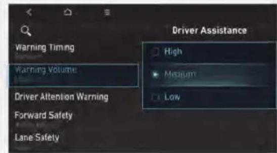 Warning Timing Warning Volume Driver Attention Warning Forward Safety Lane Safety Driver Assistance High Medium Low