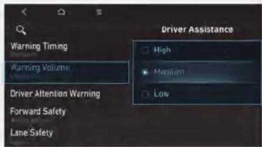 Warning Timing Warning Volume Driver Attention Warning Forward Safety Lane Safety Driver Assistance High Medium Low