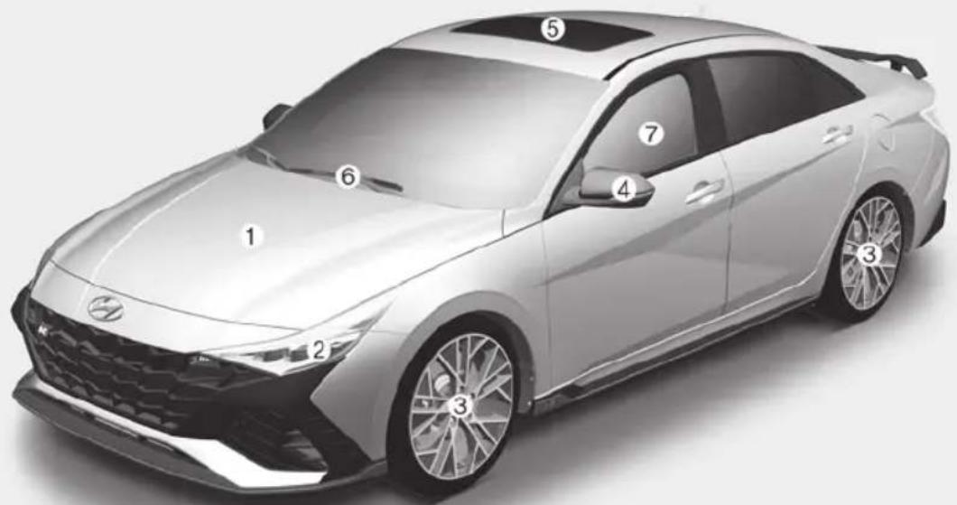 Diagram of a Hyundai sedan with numbered components for identification and assembly reference.