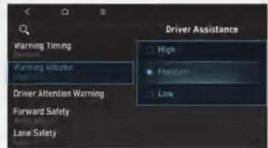Warning Timing Warning Volume Driver Attention Warning Forward Safety Lane Safety Driver Assistance High Medium Low