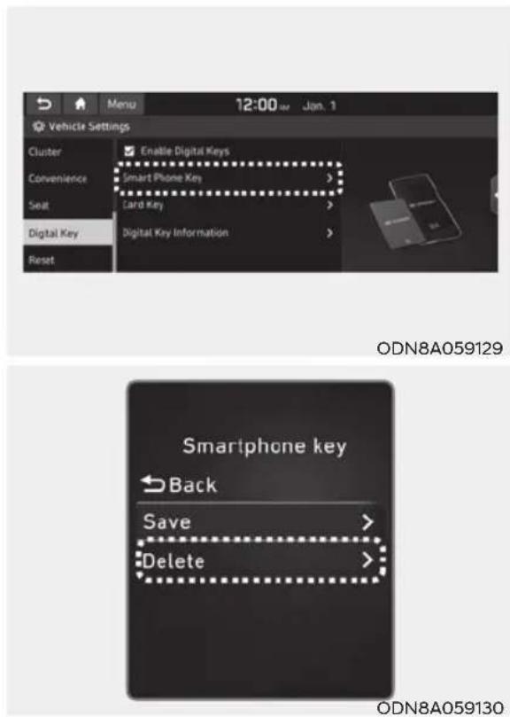 Menu 12:00 Jan. 1 Vehicle Settings Cluster Enable Digital Keys Convenience Smart Phone Key > Seat Card Key > Digital Key Digital Key Information > Reset ODN8A059129 Smartphone key Back Save > Delete > ODN8A059130
