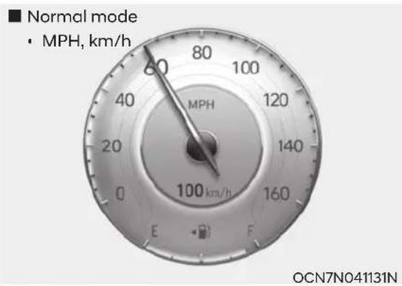 ■ Normal mode • MPH, km/h 80 100 40 MPH 120 20 140 160 100 km/h E F OCN7N041131N