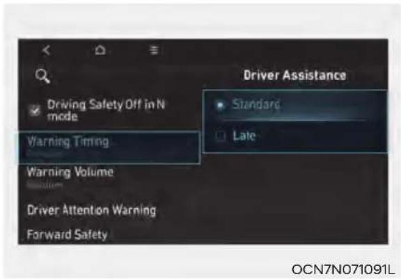 Driving Safety Off in N mode Warning Timing Warning Volume Driver Attention Warning Forward Safety Driver Assistance Standard Late OCN7N071091L