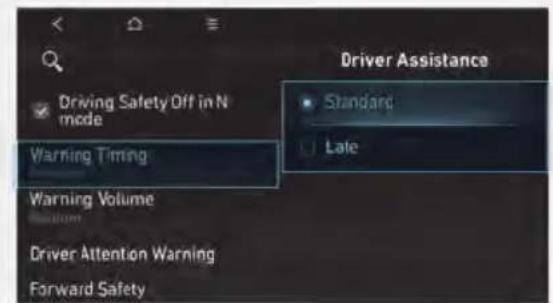Driver Assistance Driving Safety Off in N mode Warning Timing Warning Volume Driver Attention Warning Forward Safety
