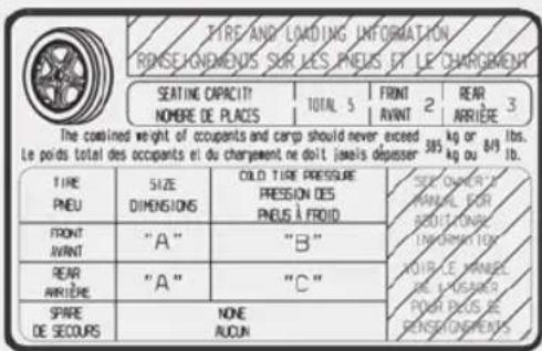 TIRE AND LOADING INFORMATION RONSEIGNMENTS SUR LES PNEUS ET LE CHARGEMENT SEATING CAPACITY NOMBRE DE PLACES TOTAL 5 FRONT AVANT 2 REAR ARRIÈRE 3 The combined weight of occupants and carp should never exceed 38% kg or 84% lbs. Le poids total des occupants et du chargement ne doit jamais dépasser 1b. TIRE PNEU SIZE DIMENSIONS COLD TIRE PRESSURE PRESSION DES PNEUS À FROID SEE OWNER'S MANUEL FOR ADDITIONAL INFORMATION POUR LE MANUEL PAR L'ASSOCIER POST DES US DE PENSIGNMENTS FRONT AVANT "A" "B" "A" "C" SPARE DE SECOURS NONE AUCUN