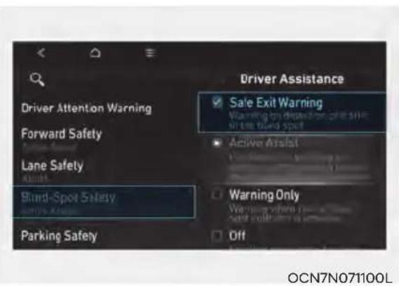 Driver Attention Warning Forward Safety Lane Safety Blind-Spot Safety Parking Safety Driver Assistance Safe Exit Warning Warning on depolarized site in the blind spot Active Assist Warning Only Warning where it is select off or off Off OCN7N071100L