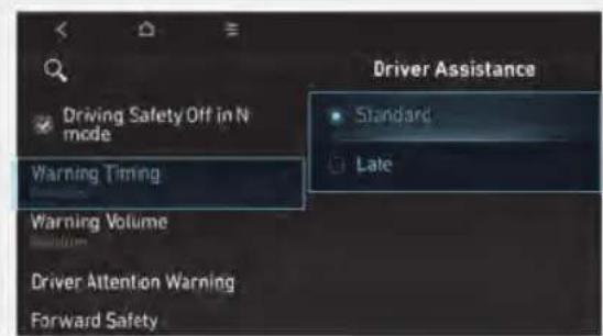 Driving Safety Off in N mode Warning Timing Warning Volume Driver Attention Warning Forward Safety Driver Assistance Standard Late