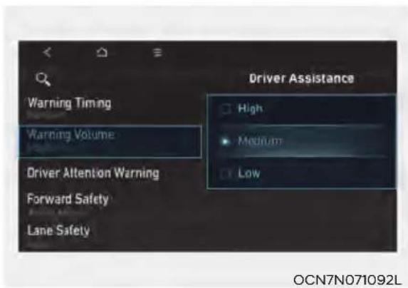 Warning Timing Warning Volume Driver Attention Warning Forward Safety Lane Safety Driver Assistance High Medium Low OCN7N071092L