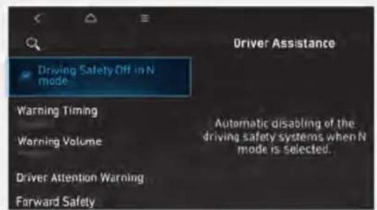 Driving Safety Off in N mode Warning Timing Warning Volume Driver Attention Warning Forward Safety Driver Assistance Automatic disabling of the driving safety systems when N mode is selected.