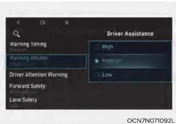 Warning Timing Warning Volume Driver Attention Warning Forward Safety Lane Safety Driver Assistance High Medium Low OCN7N071092L