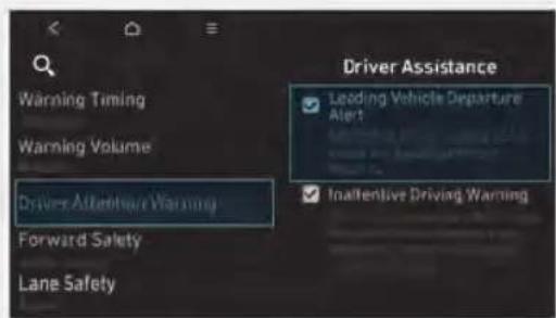Warning Timing Warning Volume Drivers Afterload Warning Forward Safety Lane Safety Driver Assistance Leading Vehicle Departure Alert Inattentive Driving Warning