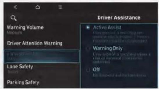 Warning Volume Medium Driver Attention Warning Lane Safety Parking Safety Driver Assistance Active Assist Warning Only No Off No Driver Assistance