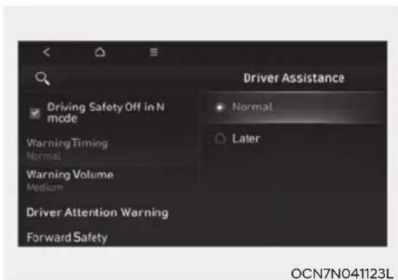 Driver Assistance Driving Safety Off in N mode Warning Timing Normal Warning Volume Medium Driver Attention Warning Forward Safety Normal Later OCN7N041123L