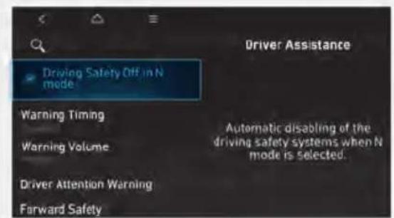 Driving Safety Off in N mode Warning Timing Warning Volume Driver Attention Warning Forward Safety Driver Assistance Automatic disabling of the driving safety systems when N mode is selected