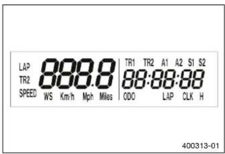 LAP 888.8 TR1 TR2 A1 A2 S1 S2 TR2 88:88:88 SPEED WS Km/h Mph Miles ODO LAP CLK H 400313-01