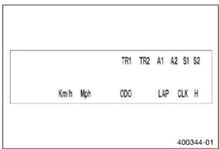 TR1 TR2 A1 A2 S1 S2 Km/h Mph ODO LAP CLK H 400344-01