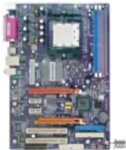 Close-up of a computer motherboard with visible CPU socket, RAM slots, and various ports (no text or symbols)