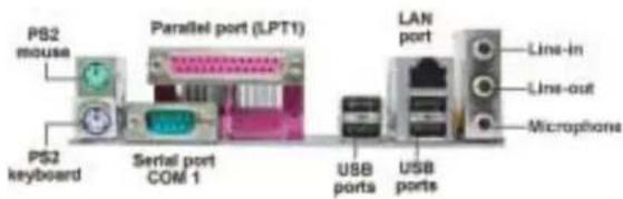 PS2 mouse PS2 keyboard Parallel port (LPT1) Serial port COM 1 LAN port USB ports USB ports Line-in Line-out Microphone