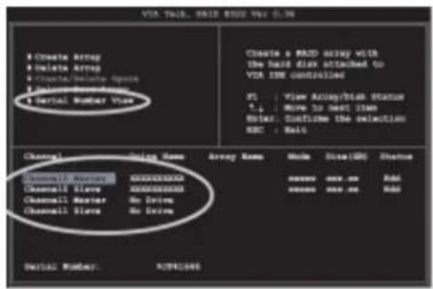 VISA TALL, RAID SSD bus (5.36) Create Array Delete Array Delete/Replace Apache Delete/Remove Array Serial Number Vial Create a RAID array V1B The hard disk attached to VISA 10M controller #1 : View Array/10M Status *,↓ : Move to next item Enter: Offuse the deletion RBC : Sell Channel : Using Name Ar…
