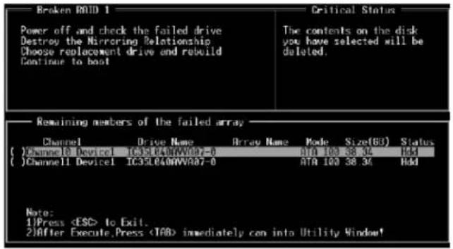 Broken RAID 1 Power off and check the failed drive Destroy the Mirroring Relationship Choose replacement drive and rebuild Continue to boot Critical Status The contents on the disk you have selected will be deleted. Remaining members of the failed array Channel Drive Name Airport Name Mode Size(68)…