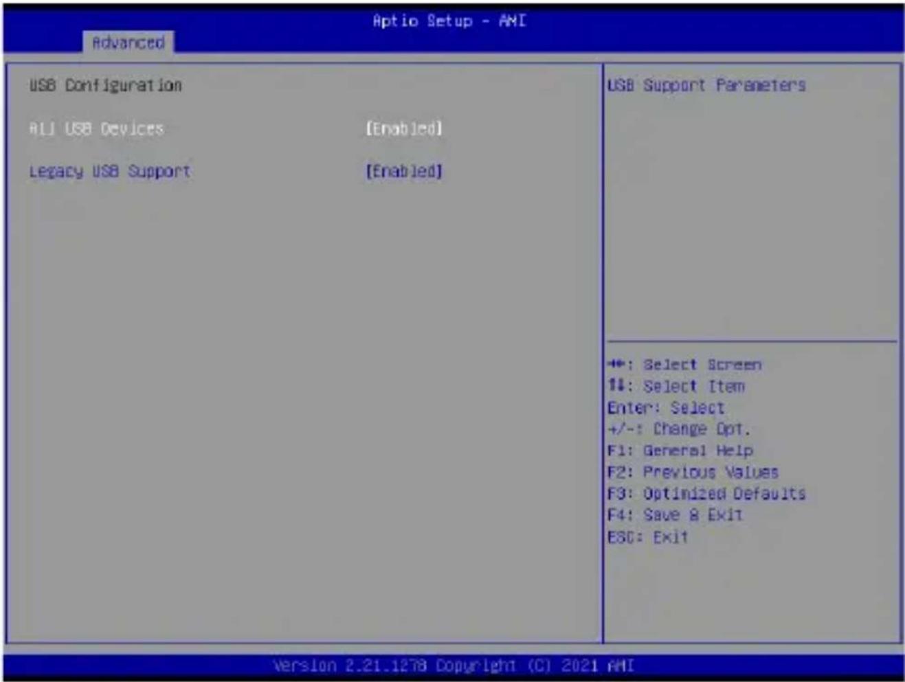 Aptio Setup - AMI Advanced USB Configuration ALL USB Devices [Enabled] Legacy USB Support [Enabled] USB Support Parameters +: Select Screen 1#: Select Item Enter: Select +/-: Change Opt. F1: General Help F2: Previous Values F3: Optimized Defaults F4: Save & Exit ESC: Exit Version 2.21.1278 Copyright (C) 2021 AMI