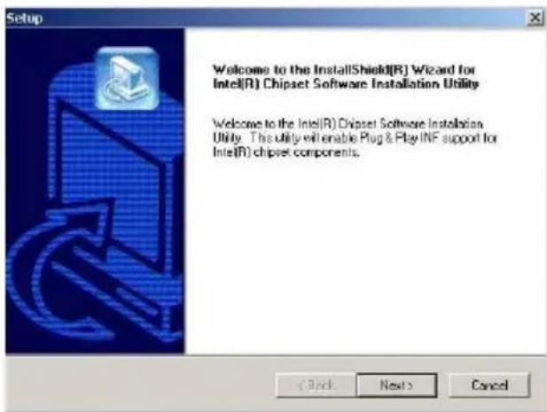 Setup Welcome to the InstallShield(R) Wizard for Intel(R) Chipset Software Installation Utility Welcome to the Intel(R) Chipset Software Installation Utility. The utility will enable Plug & Play INF support for Intel(R) chipset components. (Clock Next> Cancel)