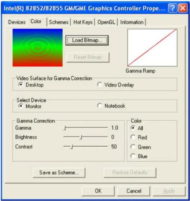 Intel(R) 82852/82855 GM/GME Graphics Controller Prope... Devices Color Schemes Hot Keys OpenGL Information Load Bitmap... Reset Bitmap Gamma Ramp Video Surface for Gamma Correction • Desktop ○ Video Overlay Select Device • Monitor ○ Notebook Gamma Correction Gamma 1.0 Brightness 0 Contrast 50 Color • All ○ Red ○ Green ○ Blue Save as Scheme... Restore Defaults OK Cancel Apply