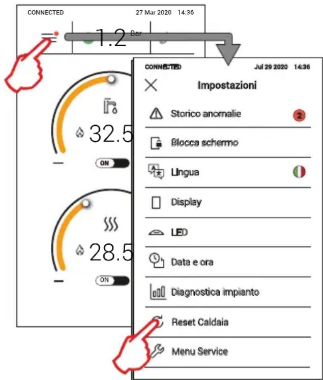 CONNECTED 27 Mar 2020 14:36 1.2 Bar CONNECTED Jul 29 2020 14:36 × Impostazioni Storico anomalie Blocca schermo Lingua Display LED Data e ora Diagnostica impianto Reset Caldaia Menu Service