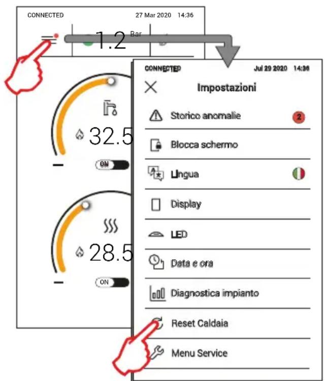 CONNECTED 27 Mar 2020 14:36 1.2 Bar CONNECTED Jul 29 2020 14:36 × Impostazioni Storico anomalie Blocca schermo Ungua Display LED Data e ora Diagnostica impianto Reset Caldaia Menu Service