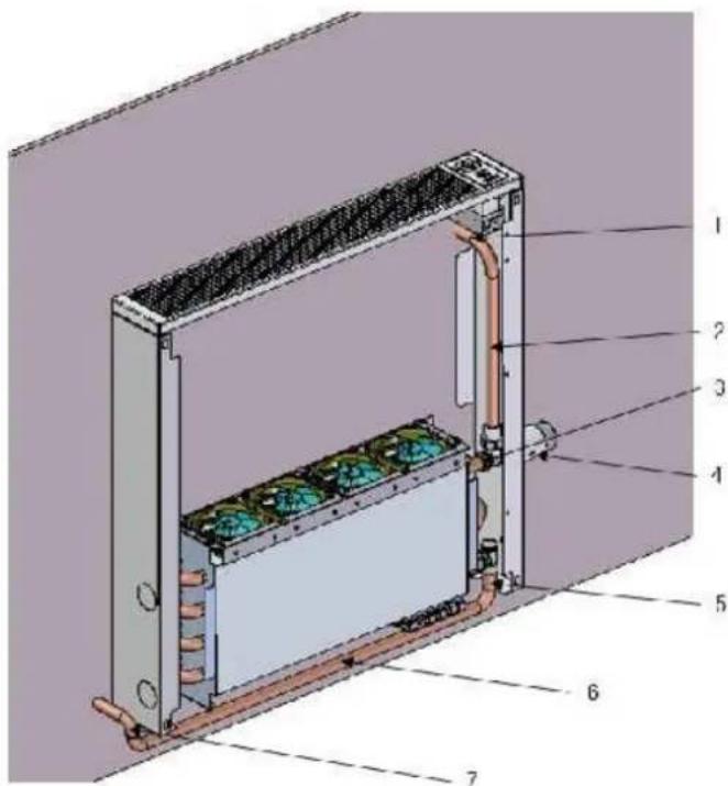 Technical diagram of an electronic device with labeled components, showing internal cooling and ventilation system.