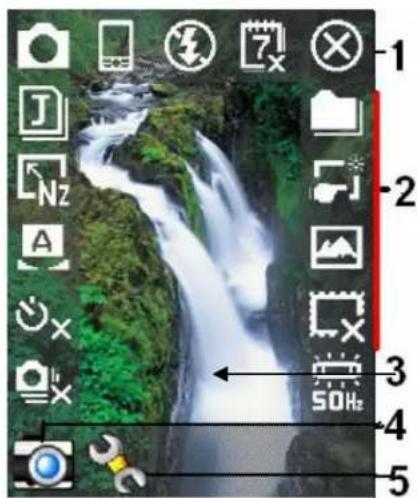 Camera home screen interface showing a waterfall image with app icons and playback controls labeled 1 to 5