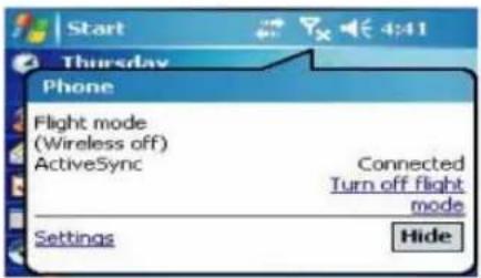 Start Thursday Phone Flight mode (Wireless off) ActiveSync Connected Turn off flight mode Settings Hide