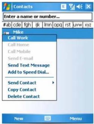 Contacts Enter a name or number... #ab cde fgh ijk lmn opq rst uvw xyz Mike Call Work Call Home Call Mobile Send E-mail Send Text Message Add to Speed Dial... Send Contact Copy Contact Delete Contact New Menu