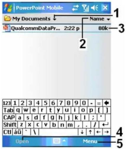PowerPoint Mobile My Documents QualcommDataPr... 2:22 p Name 80k 1 2 3 123 1 2 3 4 5 6 7 8 9 0 - = + Tab q w e r t y u i o p [ ] CAP a s d f g h j k l ; * Shift z x c v b n m , . / ← CtI äü ` \ ↓ ↑ ← → Open Menu 4 5