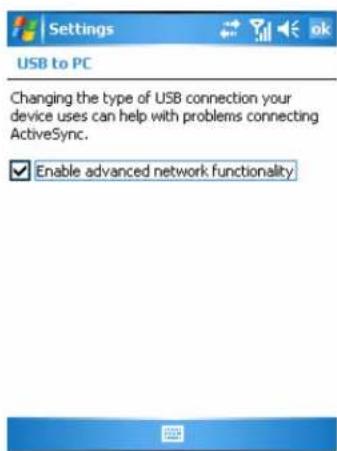 Settings USB to PC Changing the type of USB connection your device uses can help with problems connecting ActiveSync. ✓ Enable advanced network functionality