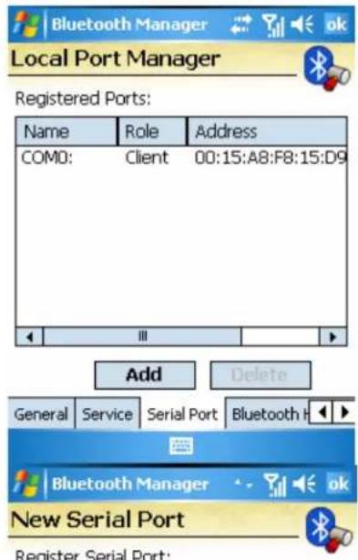 Bluetooth Manager Local Port Manager Registered Ports: Name Role Address COMO: Client 00:15:A8:F8:15:D9 Add Delete General Service Serial Port Bluetooth H Bluetooth Manager OK New Serial Port Register Serial Port: