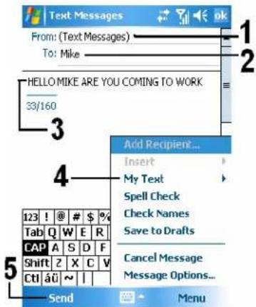 Text Messages From: (Text Messages) To: Mike HELLO MIKE ARE YOU COMING TO WORK 33/160 Add Recipient... Insert My Text Spell Check Check Names Save to Drafts Cancel Message Message Options... Send Menu