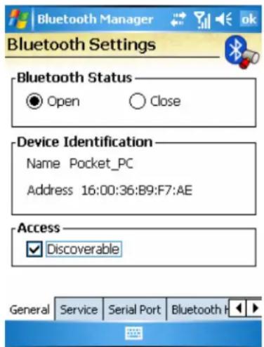 Bluetooth Manager Bluetooth Settings -Bluetooth Status ● Open ○ Close -Device Identification Name Pocket_PC Address 16:00:36:B9:F7:AE -Access ✓ Discoverable General Service Serial Port Bluetooth